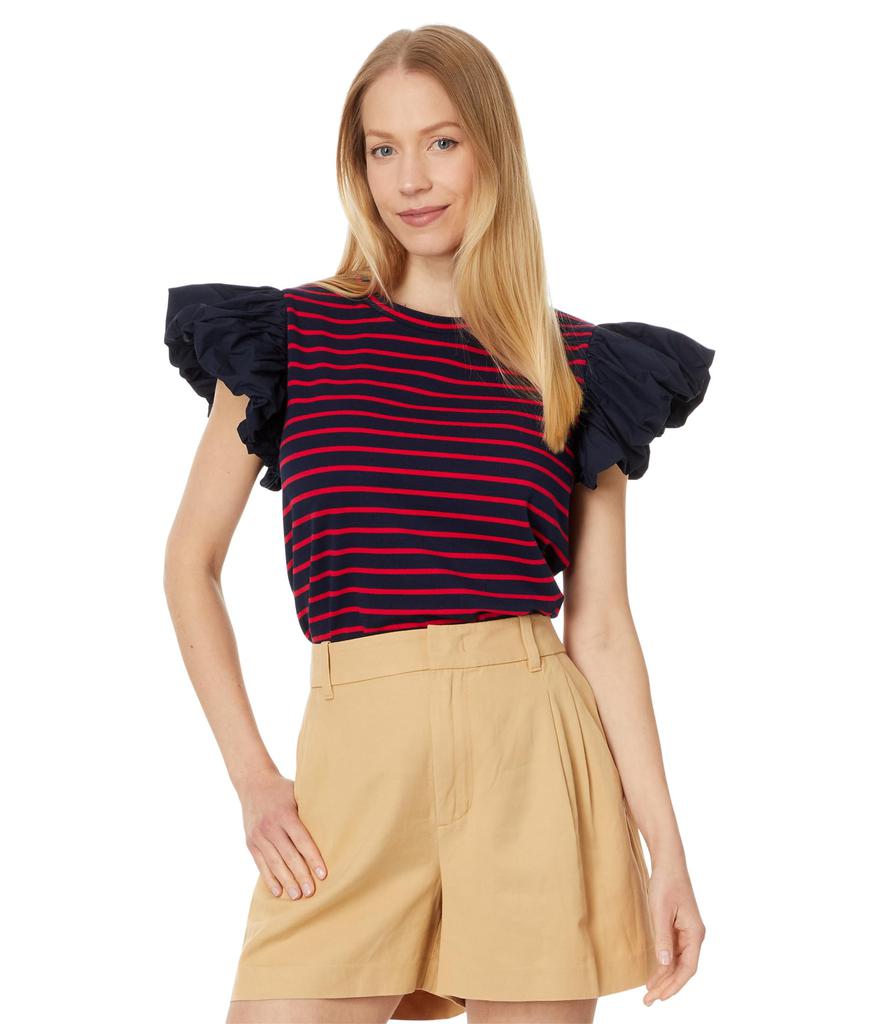 English Factory Stripe Knit with Poplin Puff Sleeve Top