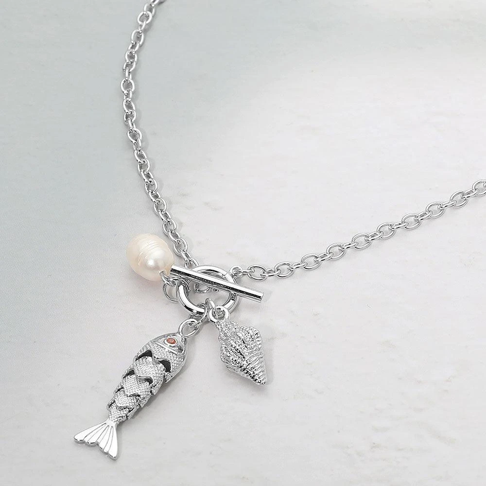 FASHNZFAB Pearl Conch Shell Fish Charm Toggle Pendant Necklace - Rhodium