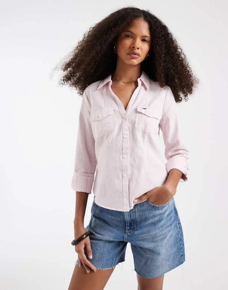 HOLLISTER Hollister 3/4 sleeve cinched shirt in pink stripe