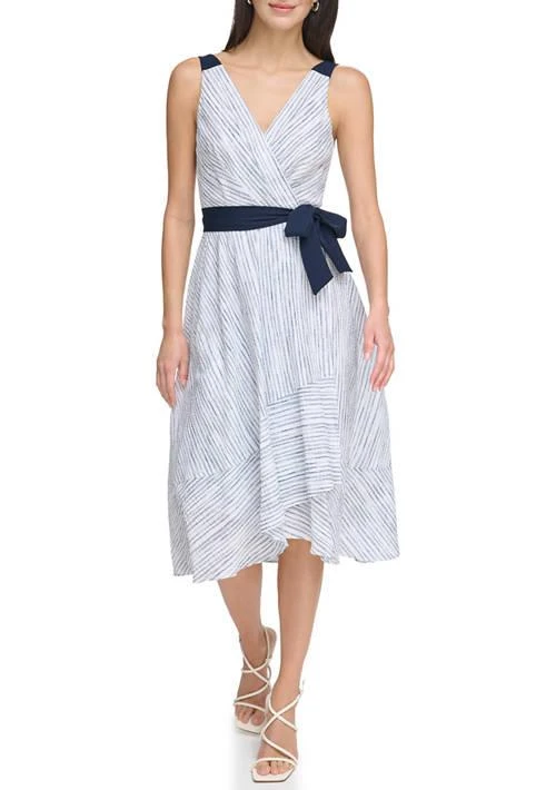 DKNY Womens Sleevelees V Neck Striped Tie Waist Fit And Flare Dress 1