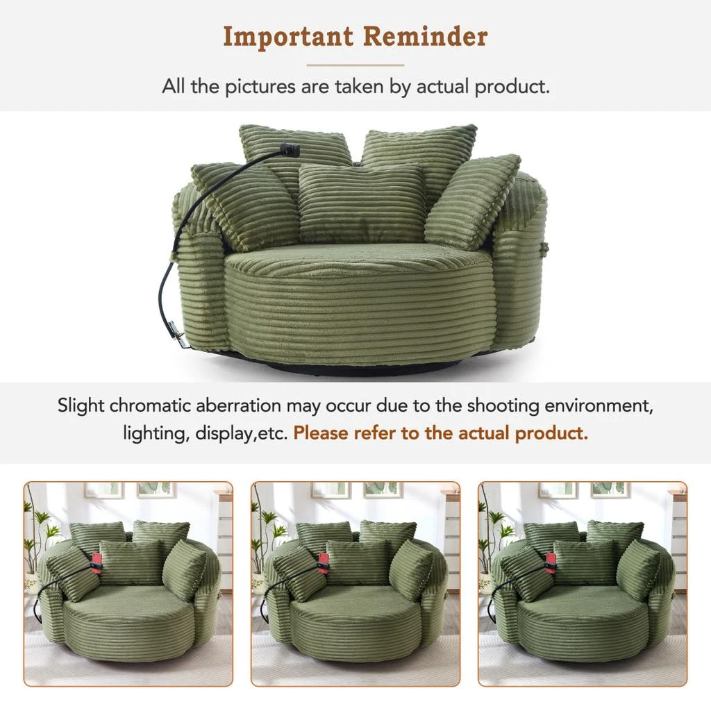 Streamdale Furniture Streamdale Green Corduroy 360° Swivel Accent Barrel Chair with 5 Pillows 
Phone Holder 3