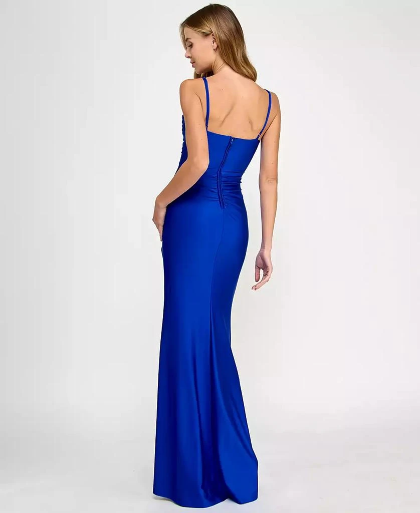 SENI & CADE Juniors' Satin Side-Slit Ruched Gown 2