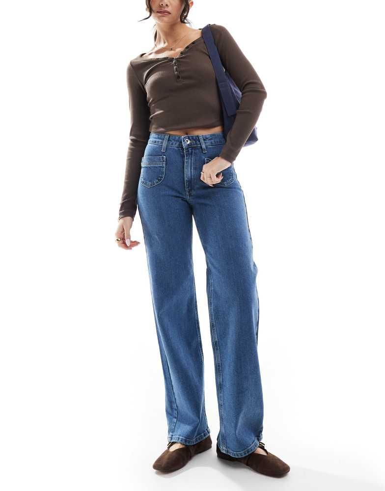 ONLY ONLY Juicy high waist wide leg jeans with pocket detail in mid wash blue