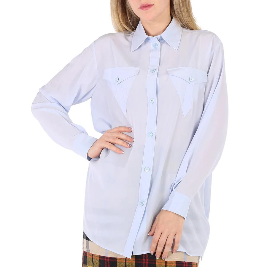 Burberry Pale Blue Irem Silk Crepe De Chine Logo Detail Oversized Shirt 1