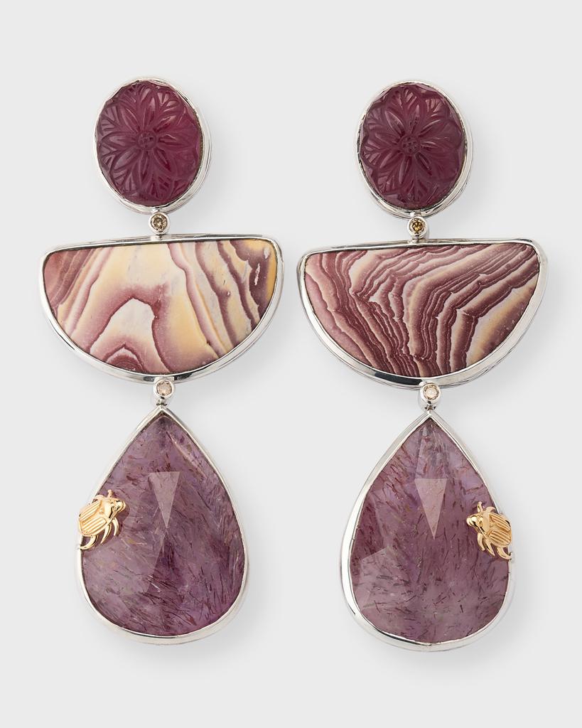 Stephen Dweck Hand-Carved Smoky Quartz, Ruby Jasper and Strawberry Quartz Earrings with Champagne Diamonds