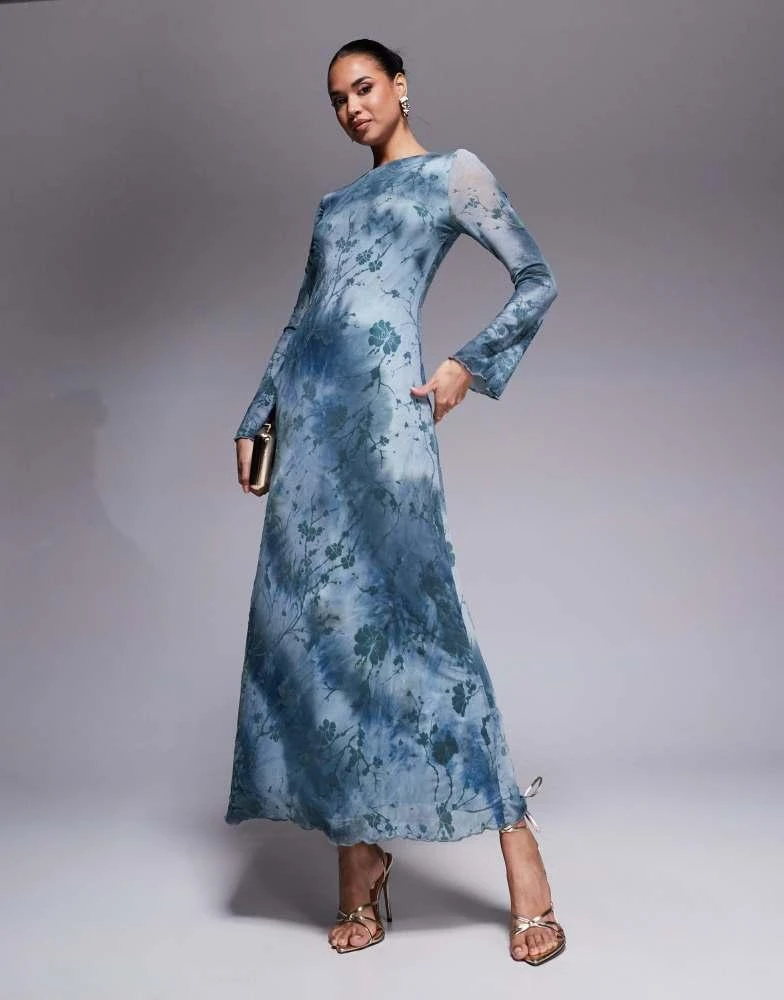Rare Rare London flare sleeve sheer detail maxi dress in teal flower print 1