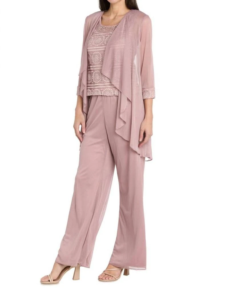 R&M Richards Glitter Embroidered Pant Suit With Pearl Neckline In Mauve 2