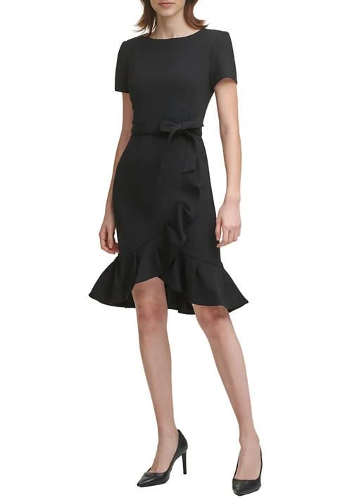 Calvin Klein Klein Womens Short Sleeve Boat Neck Tie Wrap Waist Ruffle Skirt Solid Fit And Flare 1