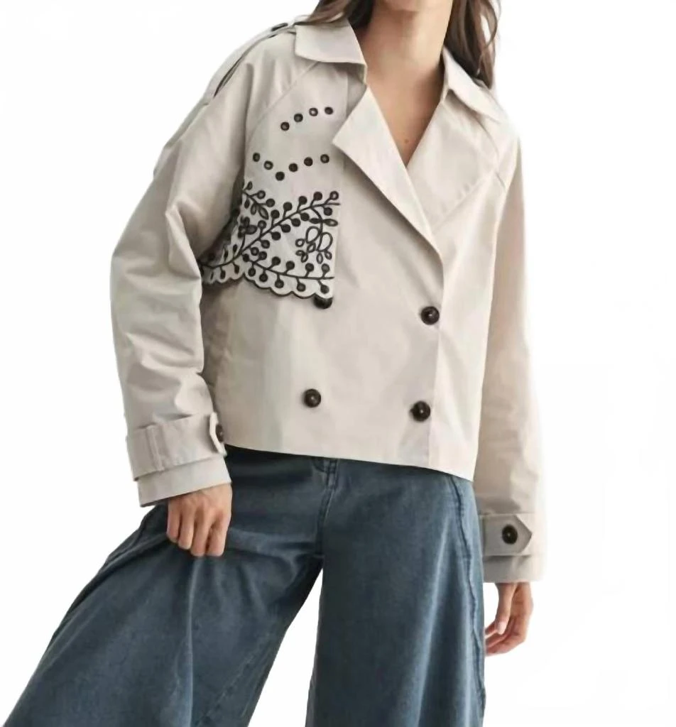 Camellia Embroidered Trench Jacket In Beige 2