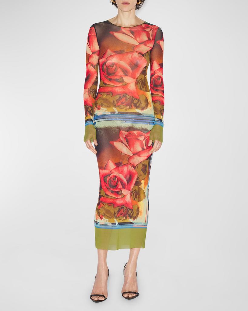 Jean Paul Gaultier Roses-Print Long-Sleeve Mesh Maxi Dress