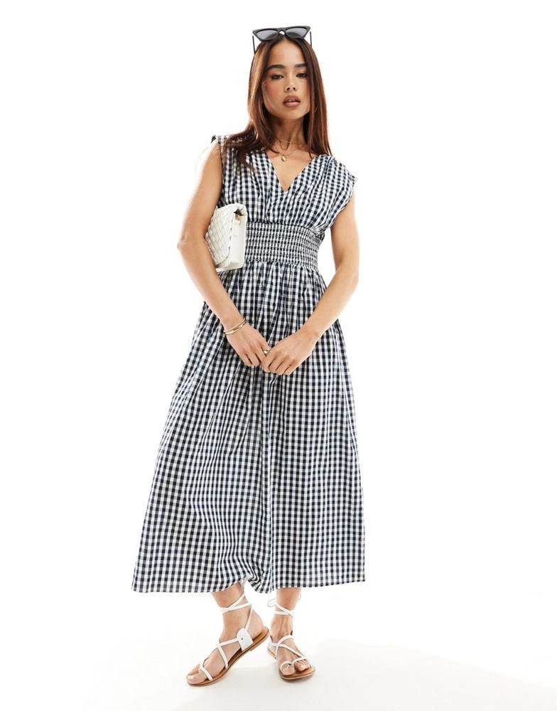 Y.A.S. YAS shirred waist v neck midi dress in navy gingham - MULTI 4