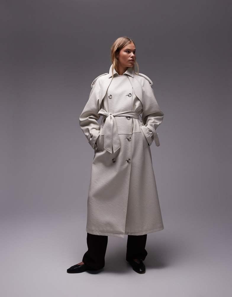 Topshop Topshop textured faux leather trench coat in cream