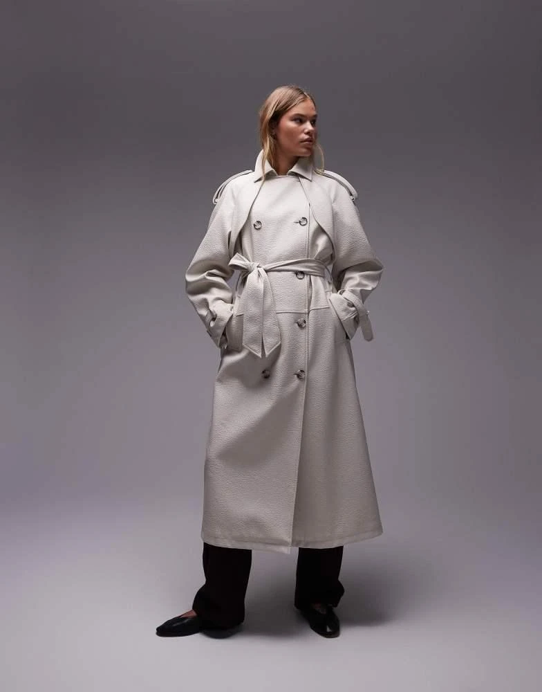 Topshop Topshop textured faux leather trench coat in cream 1