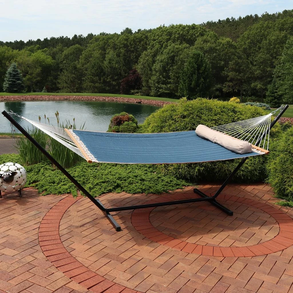 Sunnydaze 2-Person Outdoor Quilted Fabric Hammock with Spreader Bars with Freestanding Stand and Detachable Pillow - 350 lb Capacity - Tidal Wave 4