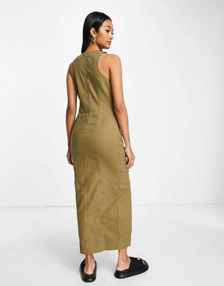 ASOS ASOS DESIGN asymmetric horn button twill maxi dress with split detail in khaki 2