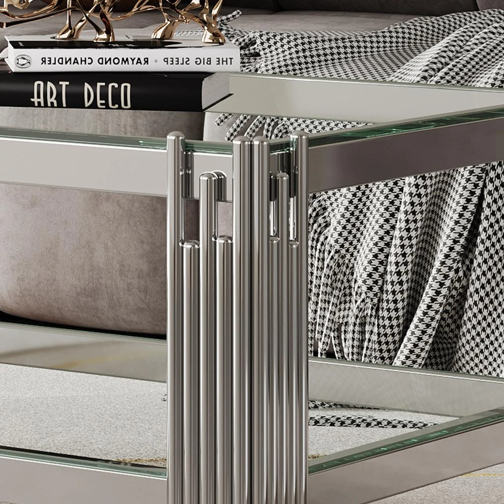 Streamdale Furniture Streamdale Double Layer Tempered Glass Coffee Table with Mirror Stainless Steel Frame 4