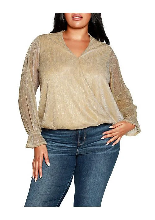 Belldini Black Label Black Label Plus Size Lurex Blouson Sleeve Wrap Top 1