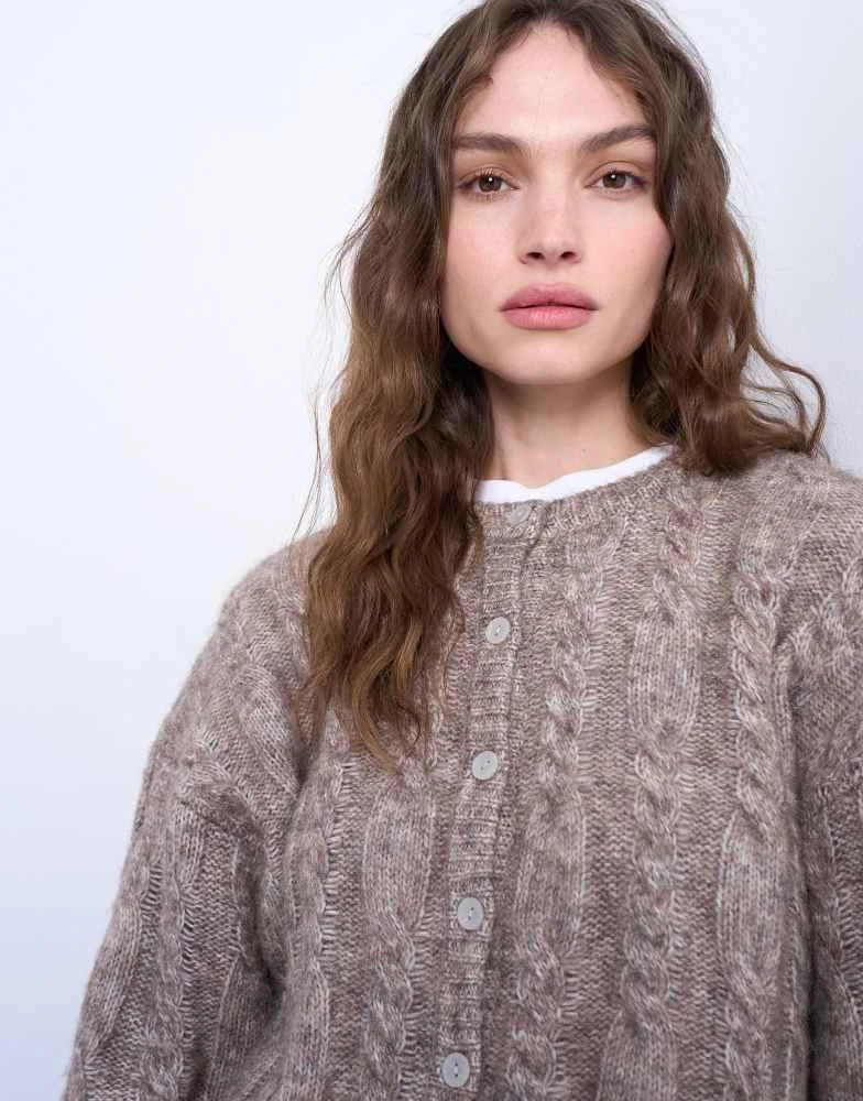 Topshop Topshop knitted fluffy cable cardigan in oat 2