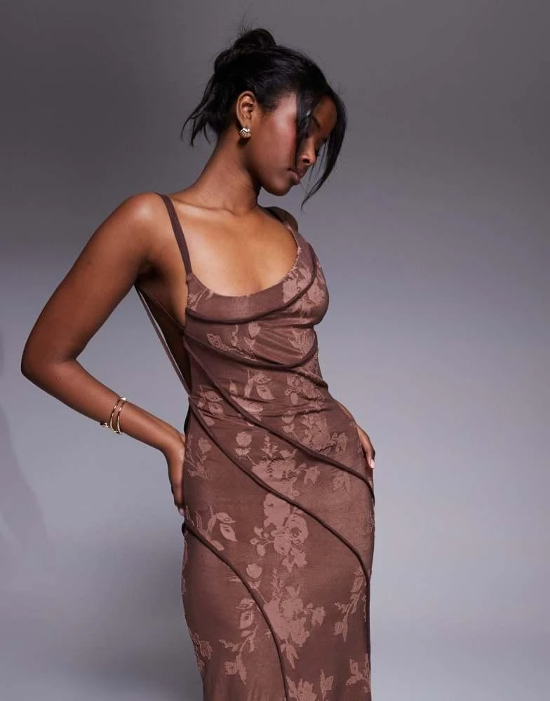 Shop ASOS DESIGN asymmetric neckline devore maxi dress with exposed seaming  details in choc on Sale at BeyondStyle – Get 35% Off ASOS DESIGN asymmetric  neckline devore maxi dress with exposed seaming