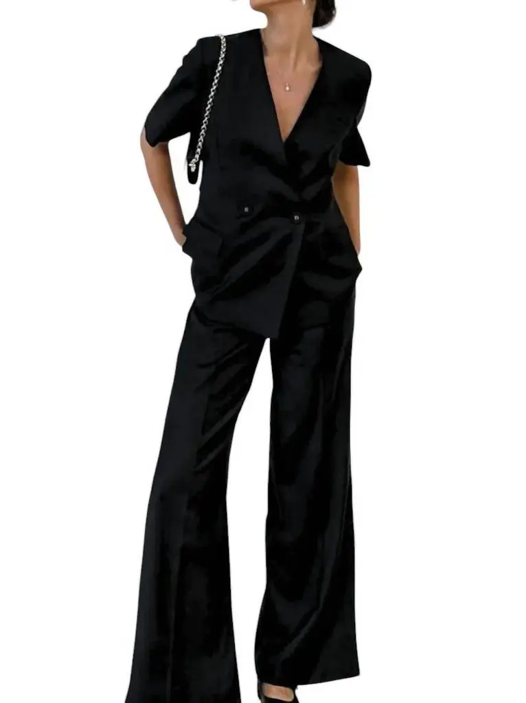 The Cotton Brand The Cotton Brand - Meredith Double-Breasted Satin Blazer and Pant Set