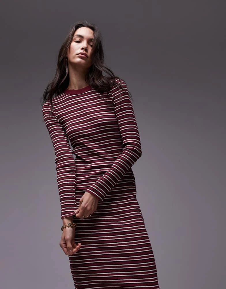 Topshop Topshop stripe long sleeve maxi dress in burgundy 2