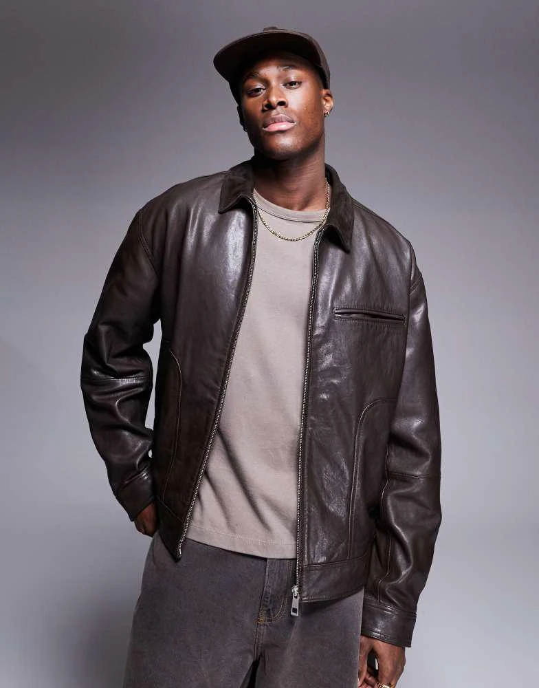 ASOS ASOS DESIGN Premium real leather harrington jacket with suede collar in brown 1