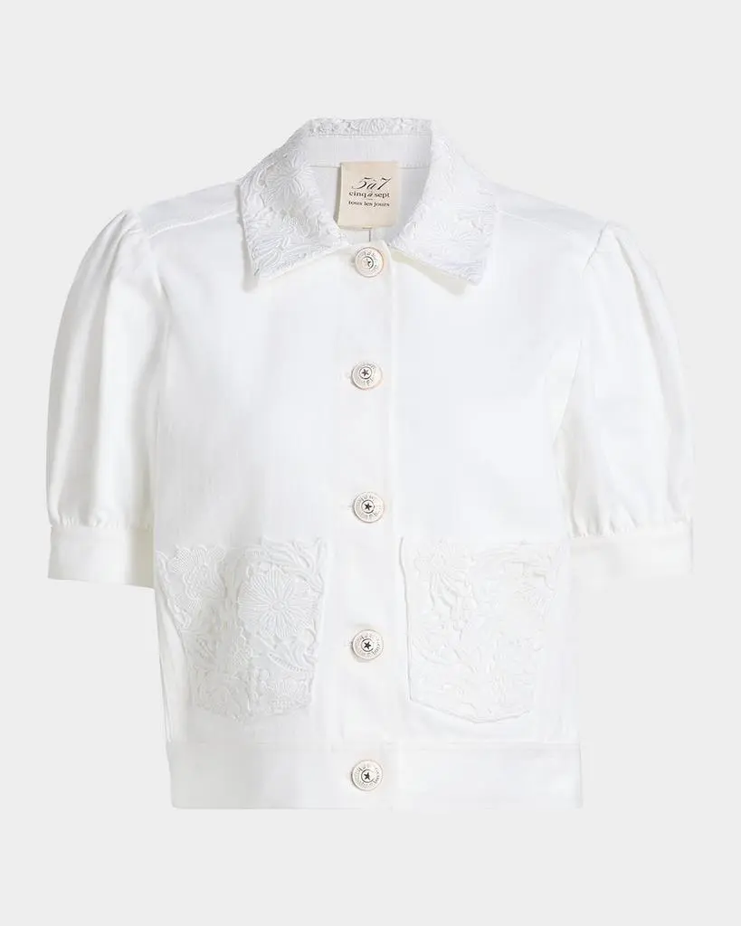 Cinq a Sept Short-Sleeve Lace Denim Jacket