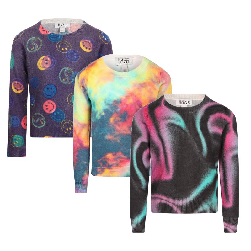 Autumn Cashmere Tie dye and colorful smiles sweaters set in purple and colorful