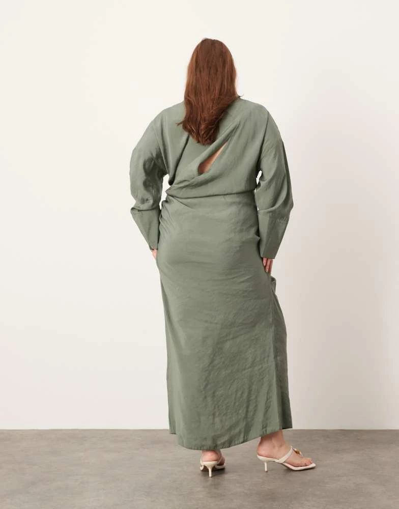 ASOS ASOS EDITION Curve soft high neck ruched detail maxi dress with cut out back in khaki 3