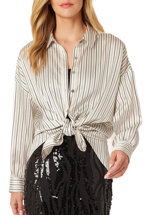 Adrienne Landau Onyx Landau Onyx Womens Long Sleeve Striped Woven Blouse 1