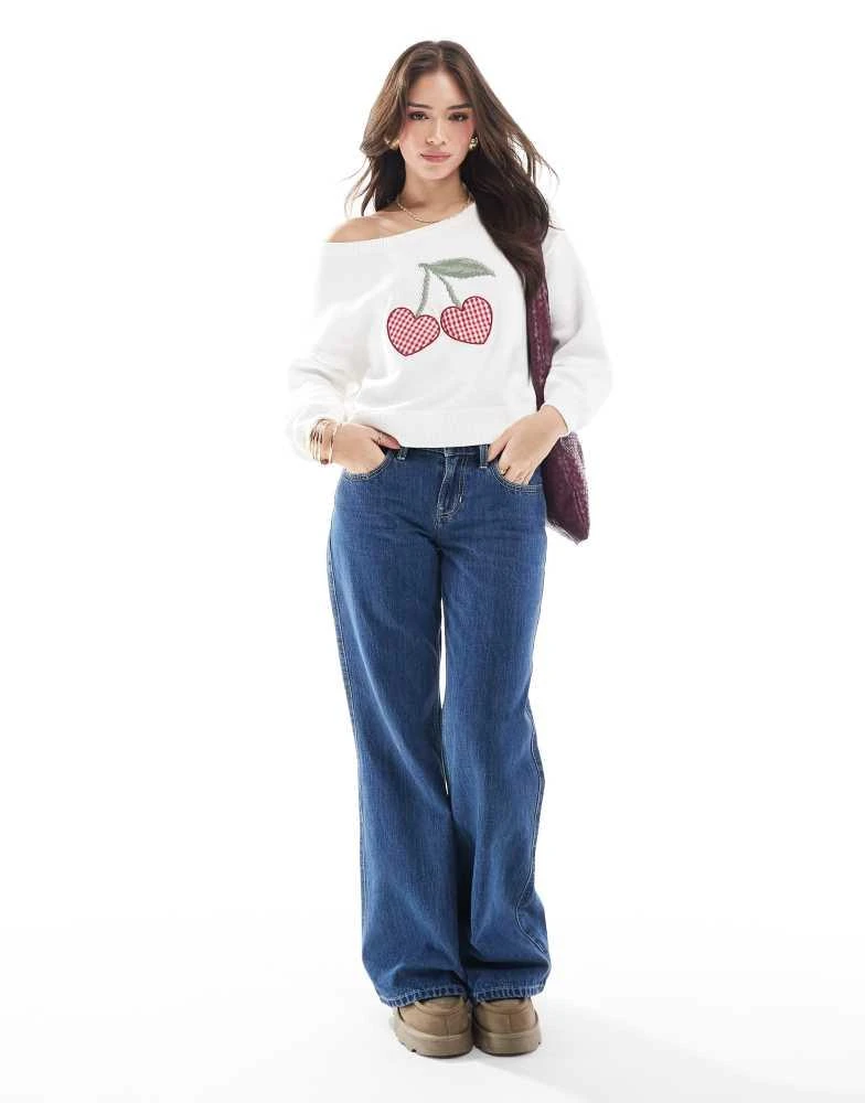 HOLLISTER Hollister off shoulder cherry motif jumper in white 4