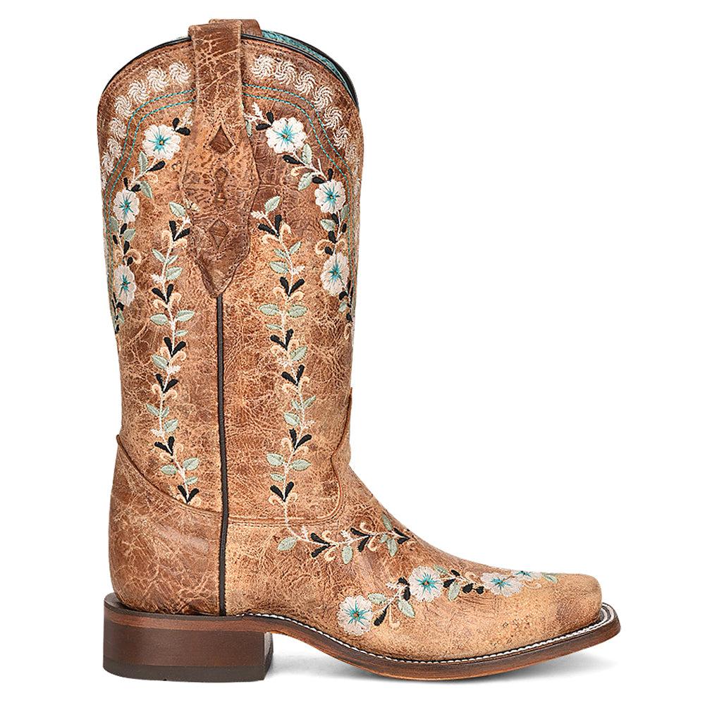 Corral Boots Distressed Glow In The Dark Floral Embroidered Square Toe Cowboy Boots