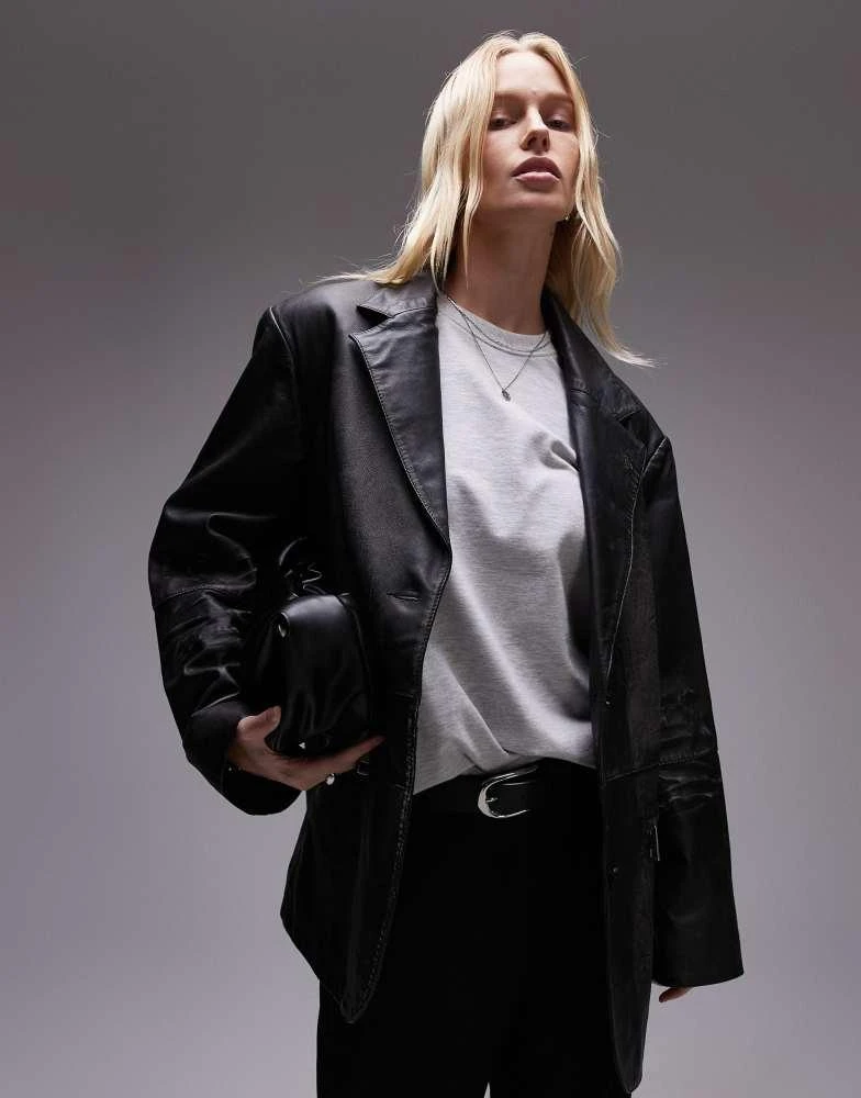 Topshop Topshop premium real leather blazer in washed black 4