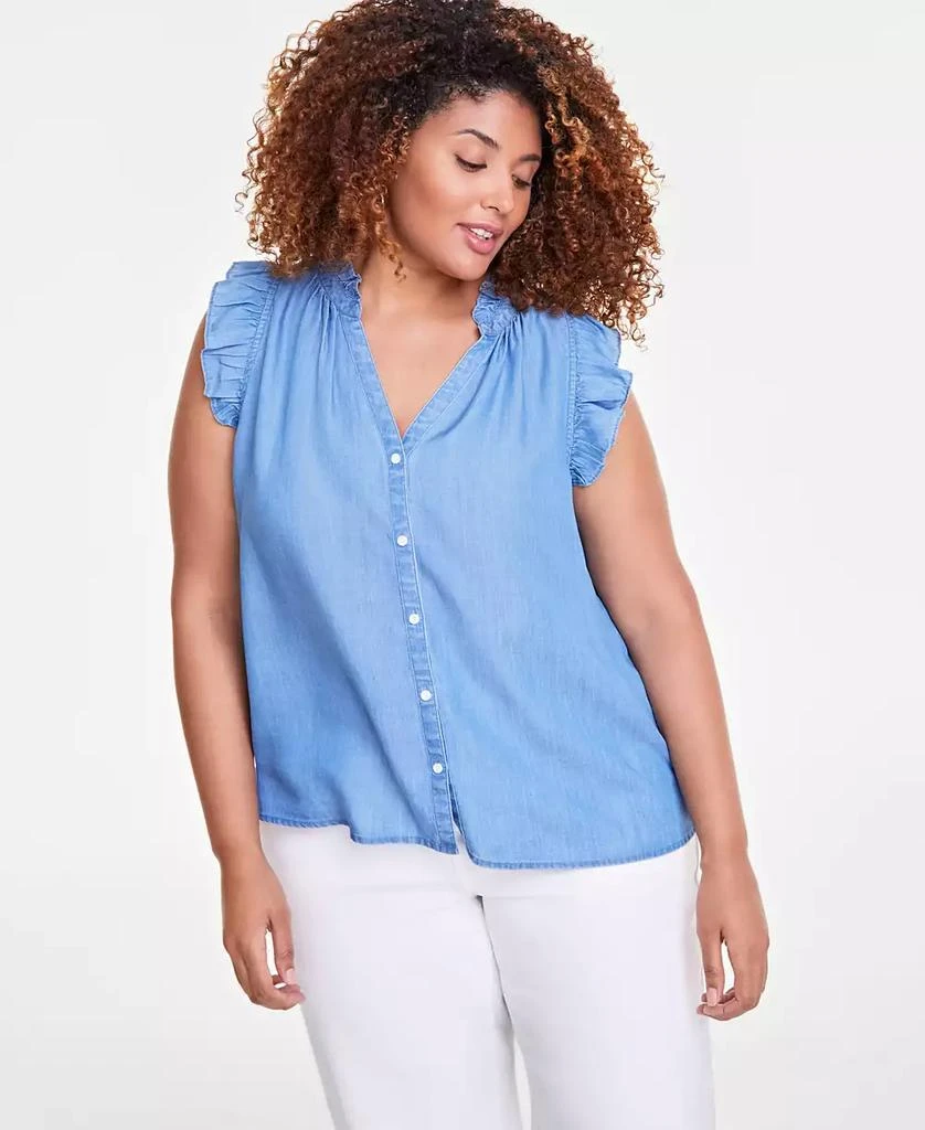 On 34th Trendy Plus Size Flutter-Sleeve Chambray Shirt, Exclusively at Macy's 1