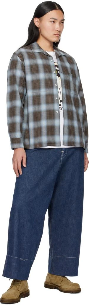BEAMS PLUS Brown & Blue Open Collar Indigo Ombre Plaid Shirt 4