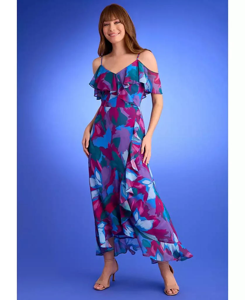 London Times Petite Printed Cold-Shoulder Ruffle Chiffon Dress 6