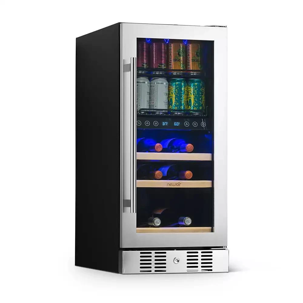 Newair 15" Premium Built-in Dual Zone 9 Bottle and 48 Can Wine and Beverage Fridge in Stainless Steel with SplitShelf