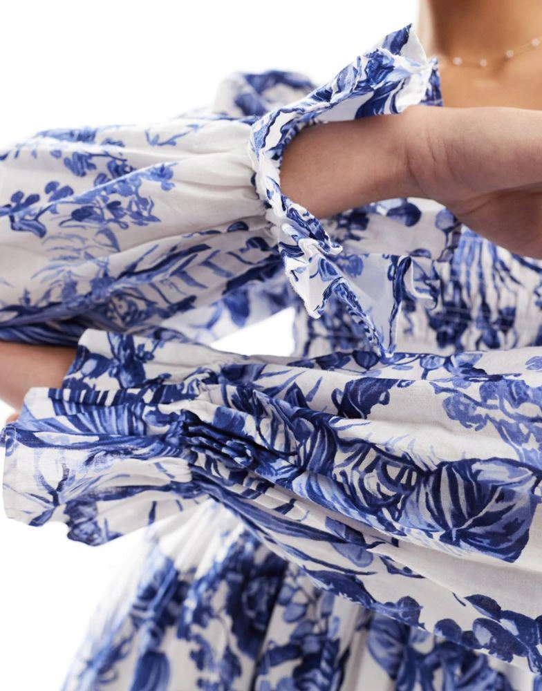 & Other Stories & Other Stories square neck ruche bodice mini dress with volume sleeve and tiered hem in blue floral print 2