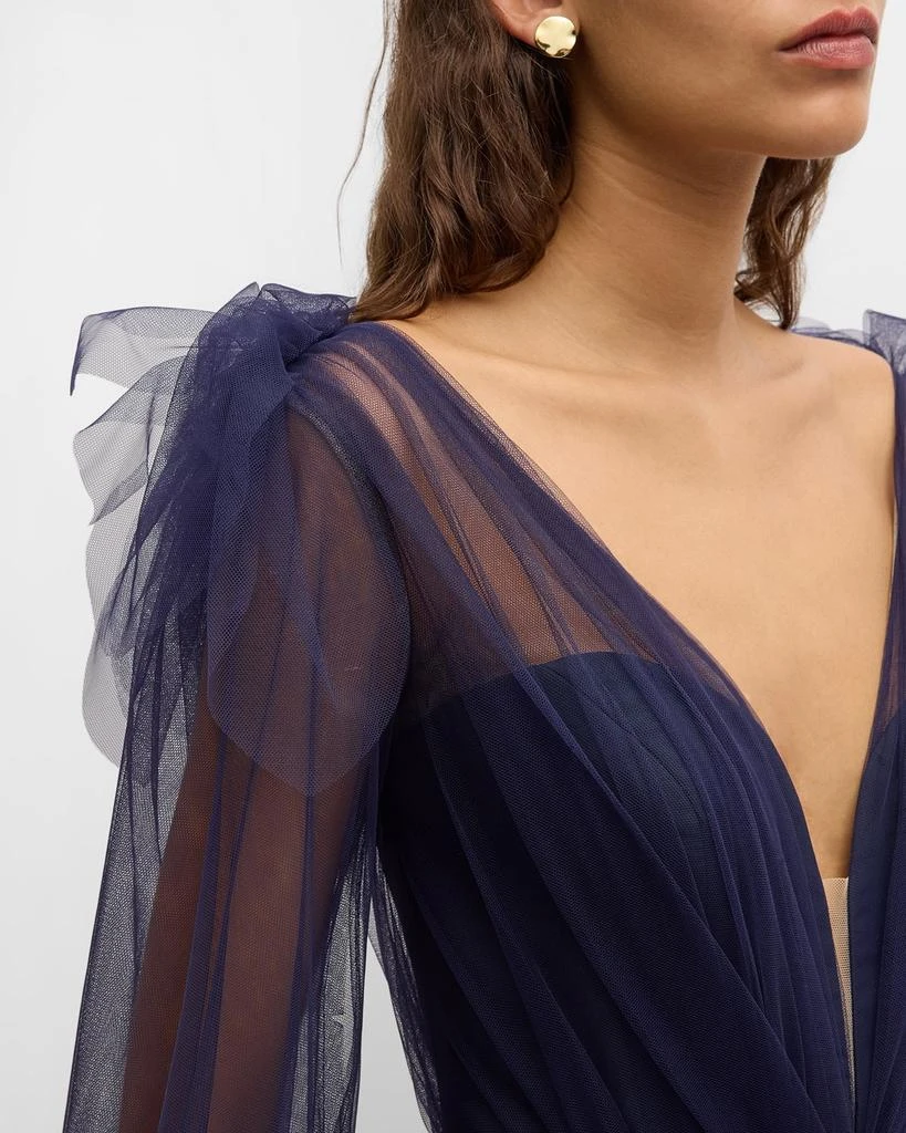 Romona Keveza Plunging Ruffle Long-Sleeve Tulle Gown 5