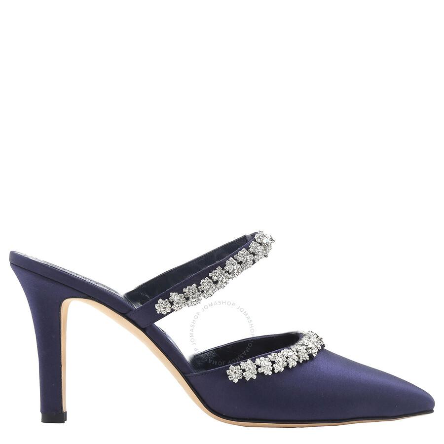 Manolo Blahnik Navy Vedadamu Satin Crystal Embellished Mules