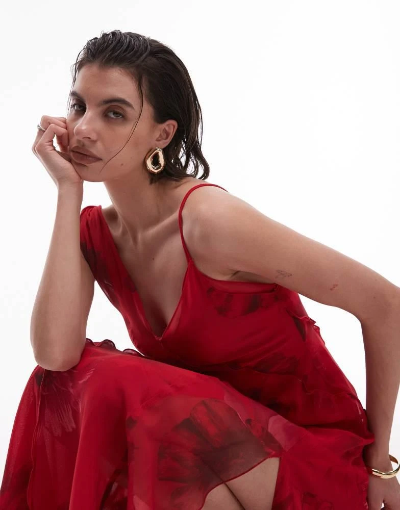 Mango Mango one shoulder midi dress in blurred red floral print 2