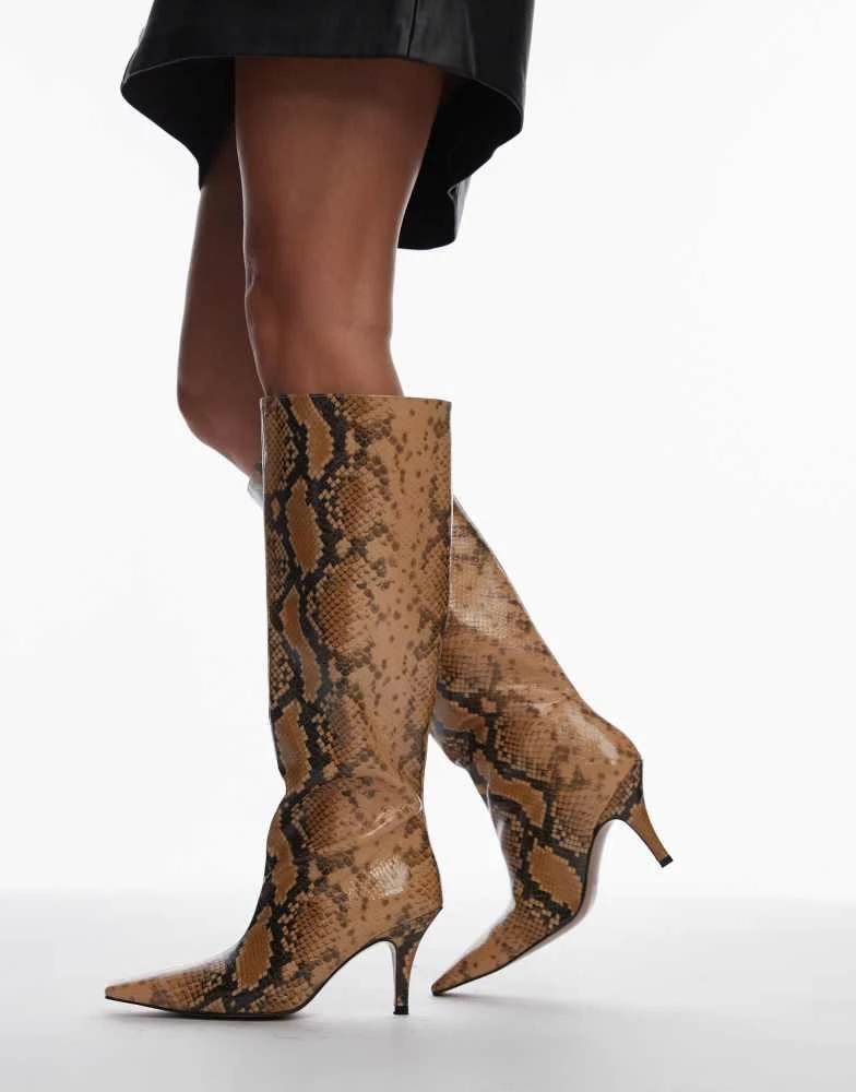 Mango Mango snake print knee high heeled boots in grey 2