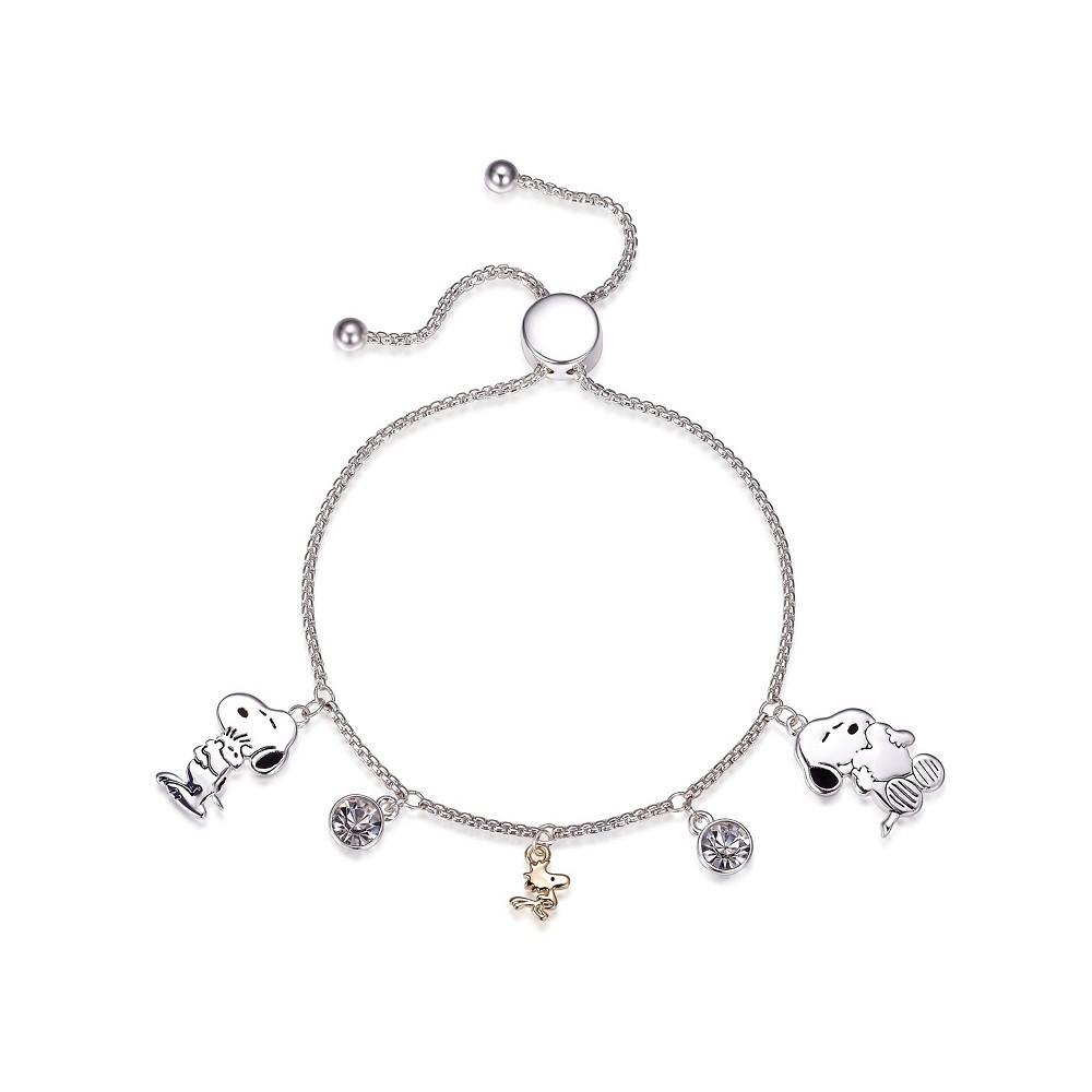 Peanuts "Snoopy" and "Woodstock" Crystal Adjustable Bolo Silver Plated Bracelet, Created for Macy's