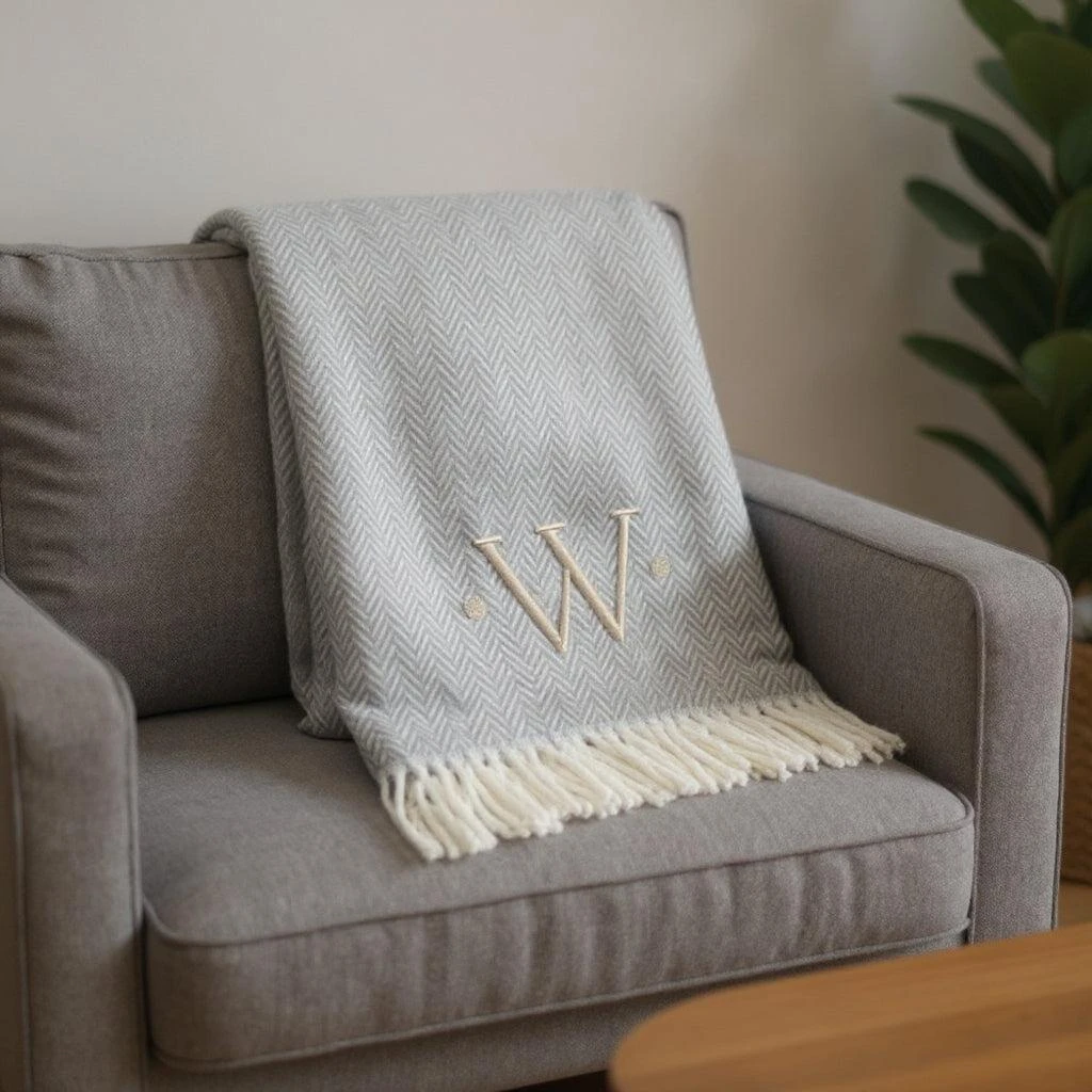Hivvago 55" X 70" Gray And White Herringbone Cotton Blend W Initial Throw Blanket with Tassels And Embroidery 2