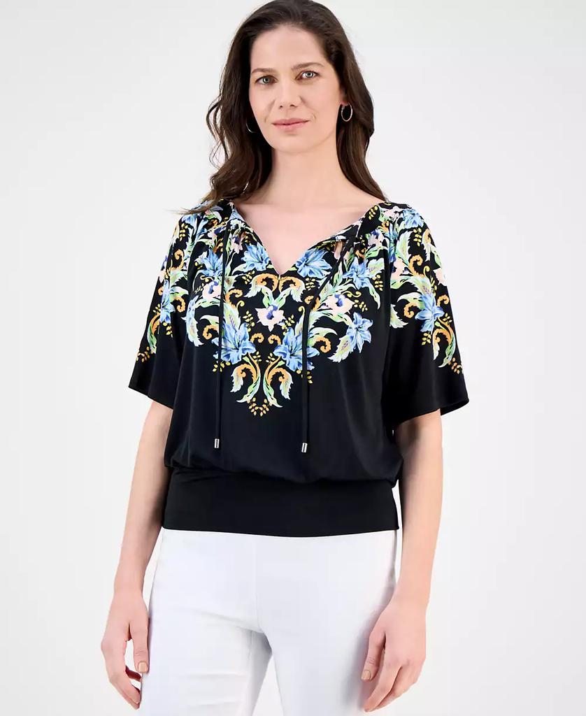 JM Collection Women's Printed Split-Neck Banded Bottom Top, Exclusively at Macy's