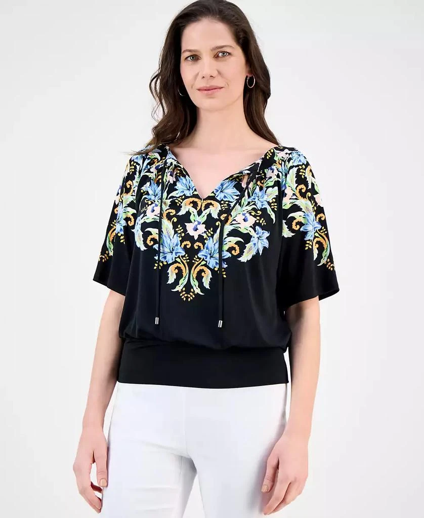 JM Collection Women's Printed Split-Neck Banded Bottom Top, Exclusively at Macy's 1
