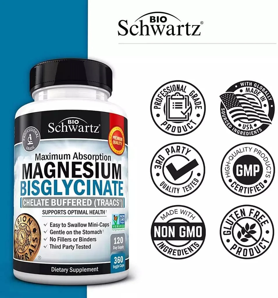 BioSchwartz Magnesium Bisglycinate | Healthy Energy Muscle Bone 
Joint Support | Non-GMO Project Verified|360ct 3