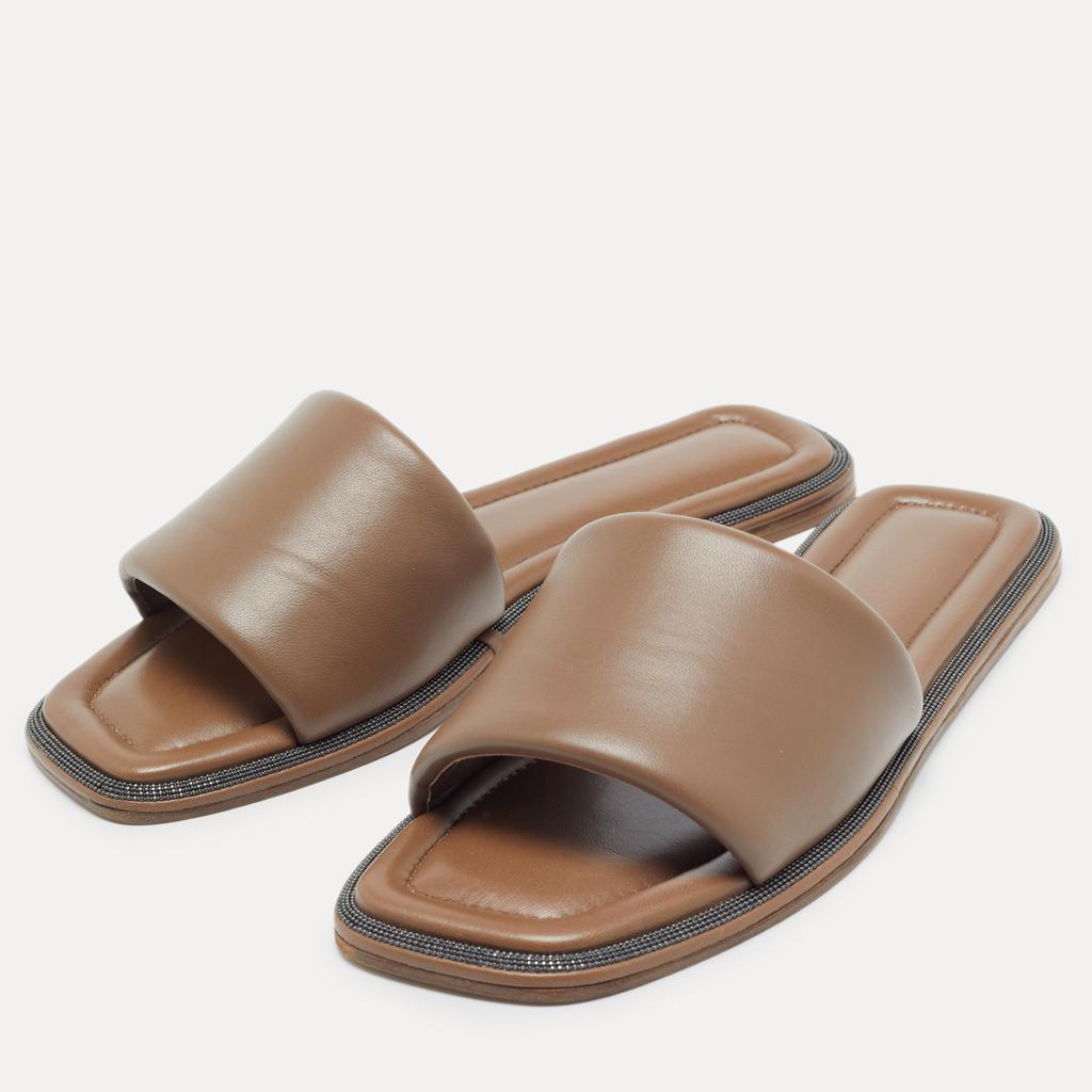 Brunello Cucinelli Brunello Cucinelli Brown Leather  Square Toe Flat Slide Size 39