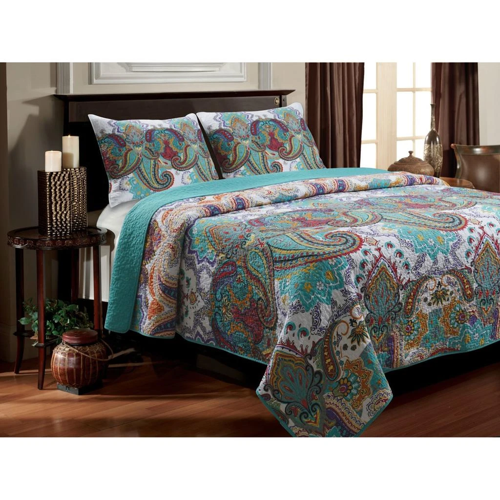 Hivvago Full / Queen Teal Paisley 3-Piece Quilt Set in 100-Percent Cotton