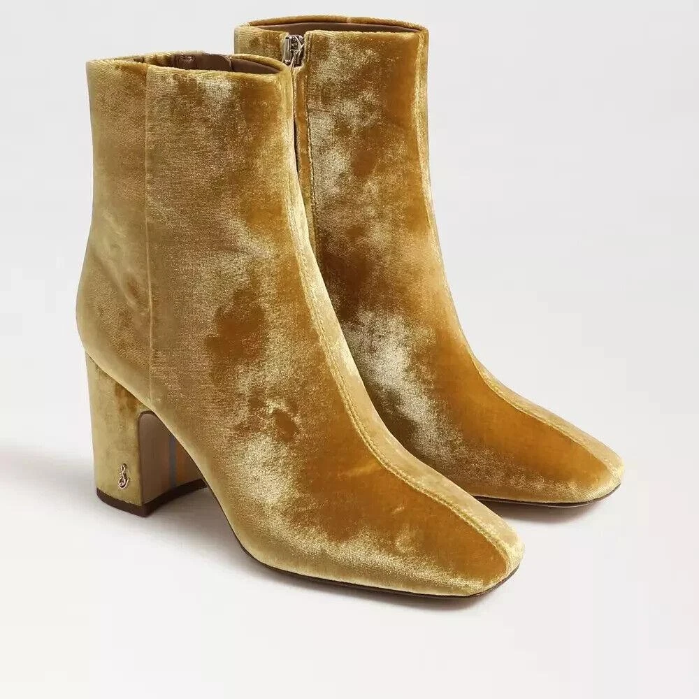 Sam Edelman Fawn Boots Women's US 7 Yellow Suede Square-Toe Ankle Bootie KHD551 1